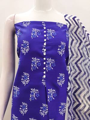 Manvaa women's royal blue printed slub cotton dressaterial 5