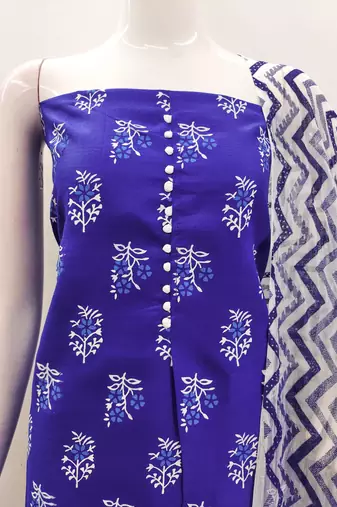 Manvaa women's royal blue printed slub cotton dressaterial