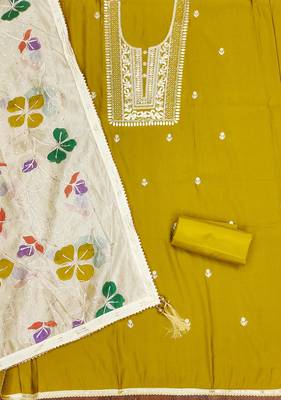 Manvaa women's lime embroidered heavy roman silk dressaterial 2