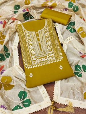 Manvaa women's lime embroidered heavy roman silk dressaterial 3