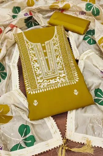 Manvaa women's lime embroidered heavy roman silk dressaterial