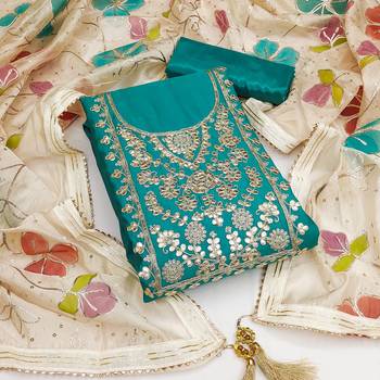 Manvaa women's teal embroidered heavy roman silk dressaterial 1