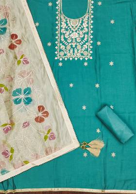 Manvaa women's teal embroidered heavy roman silk dressaterial 2