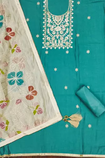 Manvaa women's teal embroidered heavy roman silk dressaterial