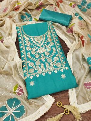 Manvaa women's teal embroidered heavy roman silk dressaterial 3