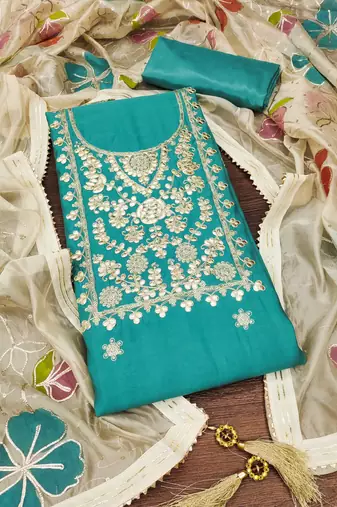 Manvaa women's teal embroidered heavy roman silk dressaterial