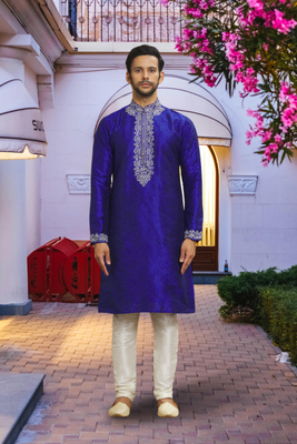 Purple art silk embroidered kurta churidar for men's indian traditional ethnic wear 1