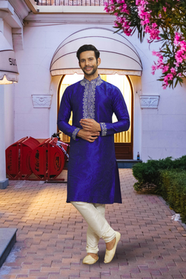 Purple art silk embroidered kurta churidar for men's indian traditional ethnic wear 2