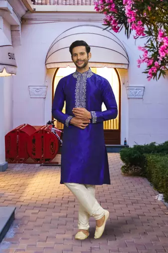 Purple art silk embroidered kurta churidar for men's indian traditional ethnic wear