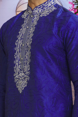 Purple art silk embroidered kurta churidar for men's indian traditional ethnic wear 3