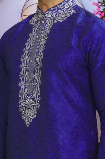 Purple art silk embroidered kurta churidar for men's indian traditional ethnic wear