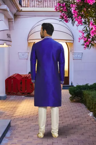 Purple art silk embroidered kurta churidar for men's indian traditional ethnic wear