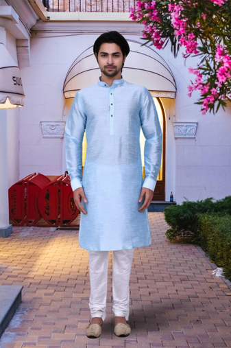 Sky blue art silk solid kurta churidar for men's indian traditional ethnic wear