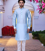 Sky blue art silk solid kurta churidar for men's indian traditional ethnic wear