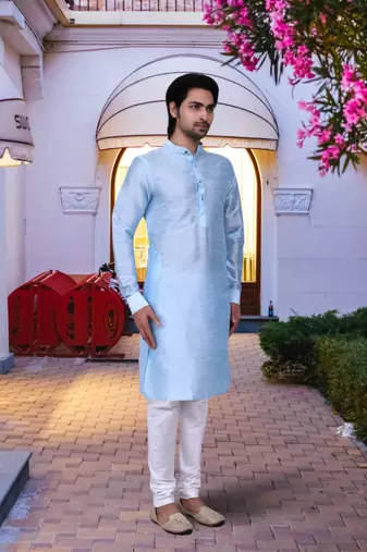 Sky blue art silk solid kurta churidar for men's indian traditional ethnic wear