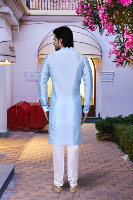 Sky blue art silk solid kurta churidar for men's indian traditional ethnic wear 3