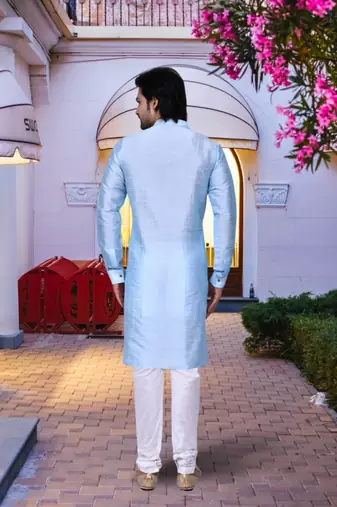 Sky blue art silk solid kurta churidar for men's indian traditional ethnic wear