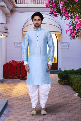 Sky blue art silk solid kurta patiala for men's indian traditional ethnic wear 1