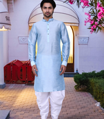 Sky blue art silk solid kurta patiala for men's indian traditional ethnic wear