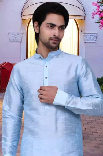 Sky blue art silk solid kurta churidar for men's indian traditional ethnic wear