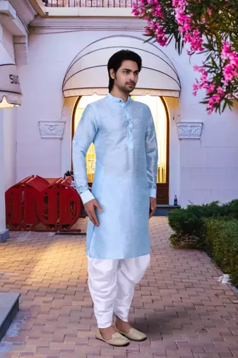 Sky blue art silk solid kurta patiala for men's indian traditional ethnic wear