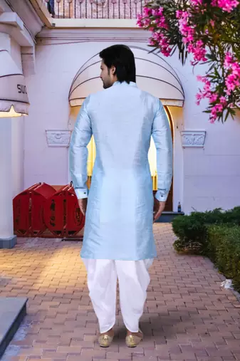 Sky blue art silk solid kurta patiala for men's indian traditional ethnic wear