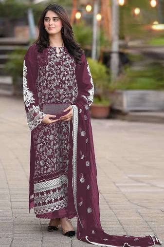 Purple embroidered faux georgette semi stitched salwar suit