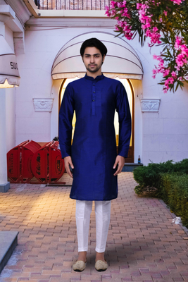 Blue art silk solid kurta pyjamas for men's indian traditional ethnic wear 1