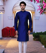 Blue art silk solid kurta pyjamas for men's indian traditional ethnic wear