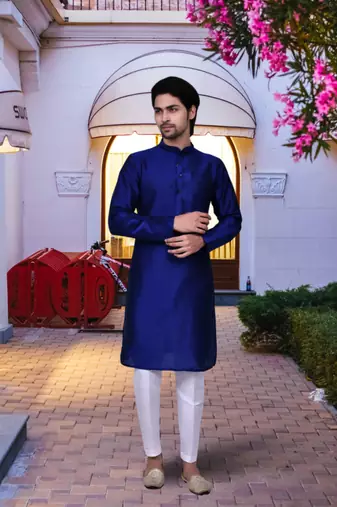 Blue art silk solid kurta pyjamas for men's indian traditional ethnic wear