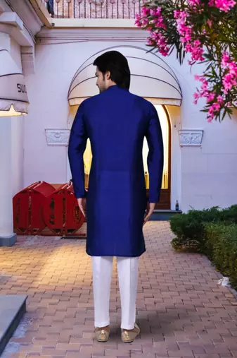 Blue art silk solid kurta pyjamas for men's indian traditional ethnic wear