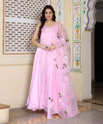 Baby pink satin silk hand painted anarkali set 1