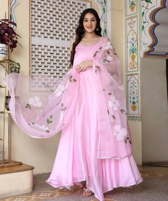 Baby pink satin silk hand painted anarkali set 2