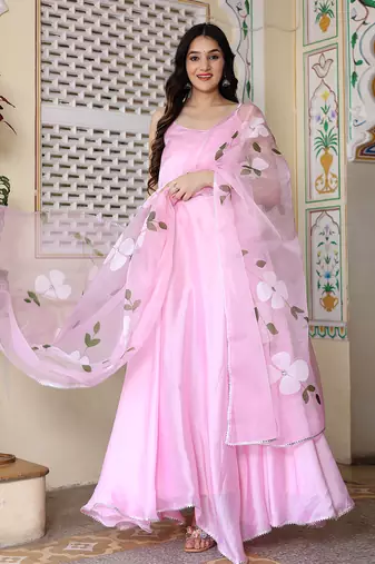 Baby pink satin silk hand painted anarkali set