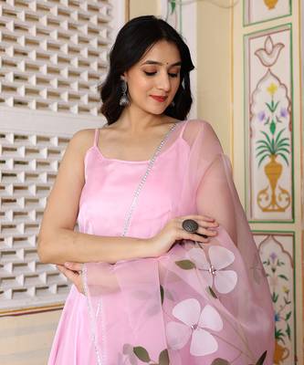 Baby pink satin silk hand painted anarkali set 3
