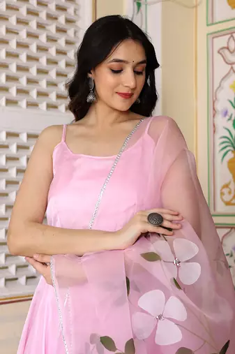 Baby pink satin silk hand painted anarkali set