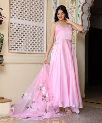 Baby pink satin silk hand painted anarkali set 5