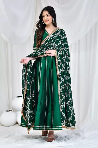 Green taffeta silk anarkali set