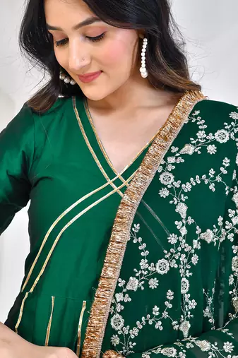Green taffeta silk anarkali set