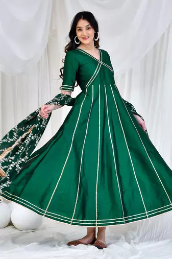 Green taffeta silk anarkali set