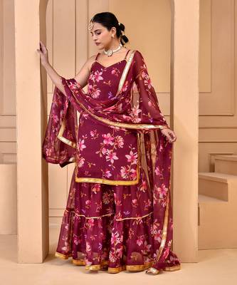 Mauve chiffon floral printed sharara set 1