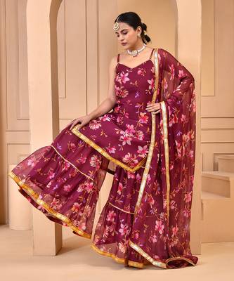 Mauve chiffon floral printed sharara set 2