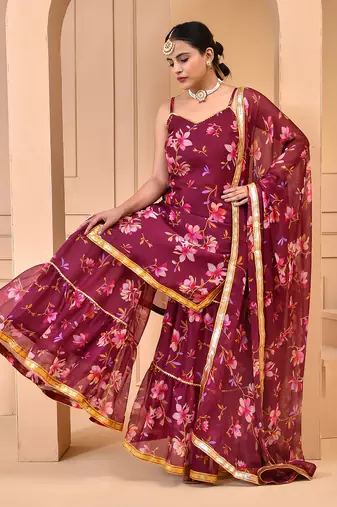 Mauve chiffon floral printed sharara set