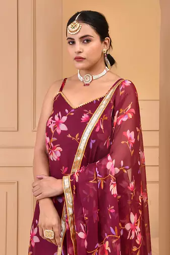 Mauve chiffon floral printed sharara set