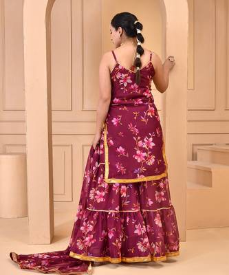 Mauve chiffon floral printed sharara set 4