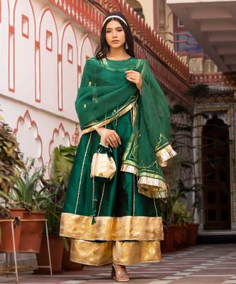 Emerald green taffeta silk sharara set 1