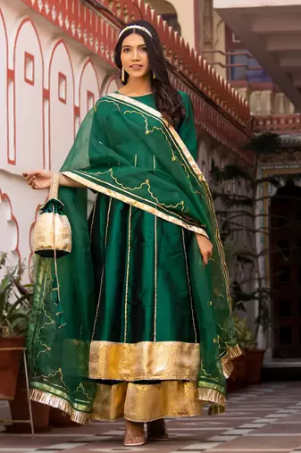 Emerald green taffeta silk sharara set