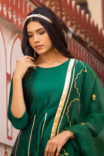 Emerald green taffeta silk sharara set