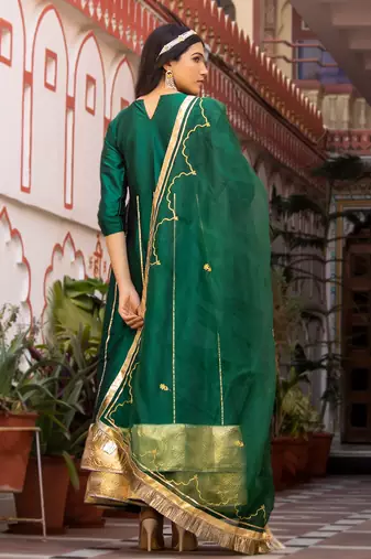 Emerald green taffeta silk sharara set