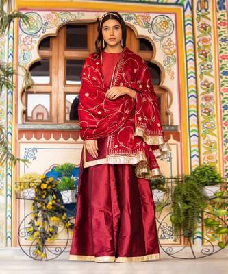 Maroon aari embroidered taffeta silk sharara set 1